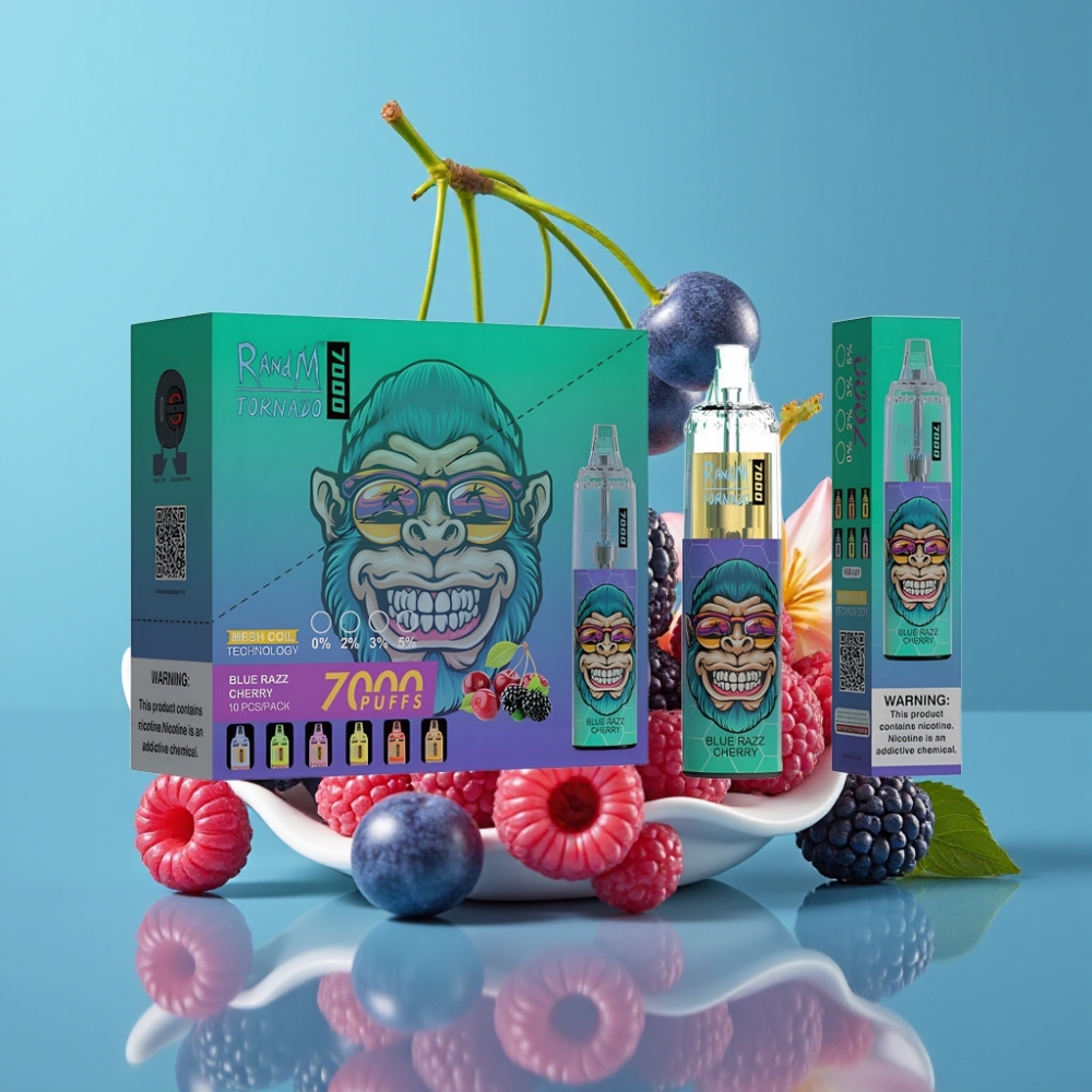 RandM Fumot Tornado 7000 Puffs 14ML Blauwe Razz Kers Type-C Mesh