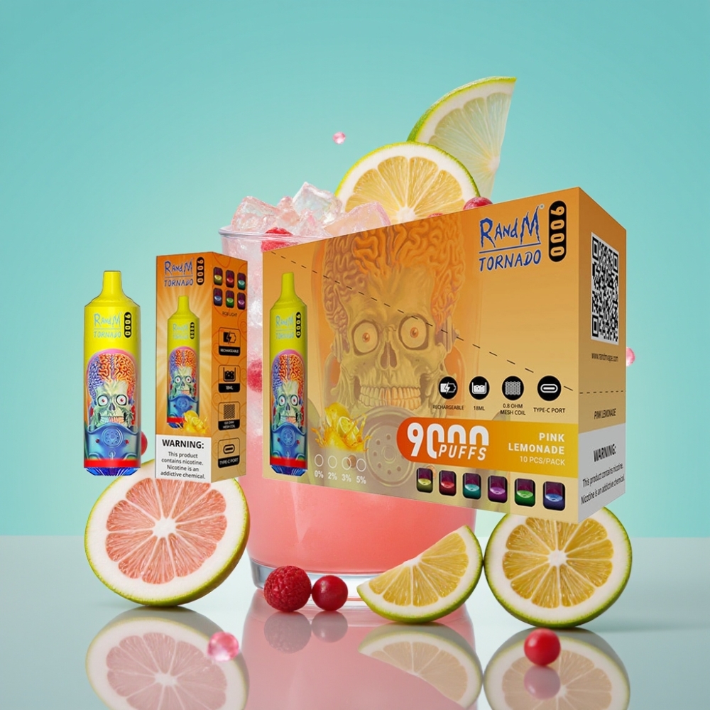 RandM Tornado 9000 Puffs 18 mL Roze Limonade Mesh Coil RGB Display