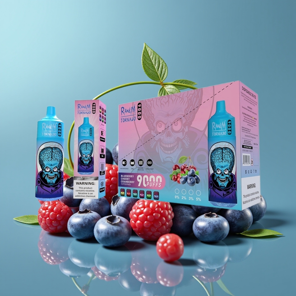 RandM Tornado 9000 Puffs 850mAh 18mL Blauwe Bes Kers Cranberry Mesh Coil RGB