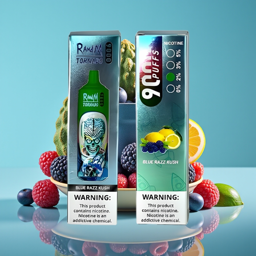 RandM Tornado 9000 Puffs 850mAh 18mL Blauwe Razz Kush Mesh RGB