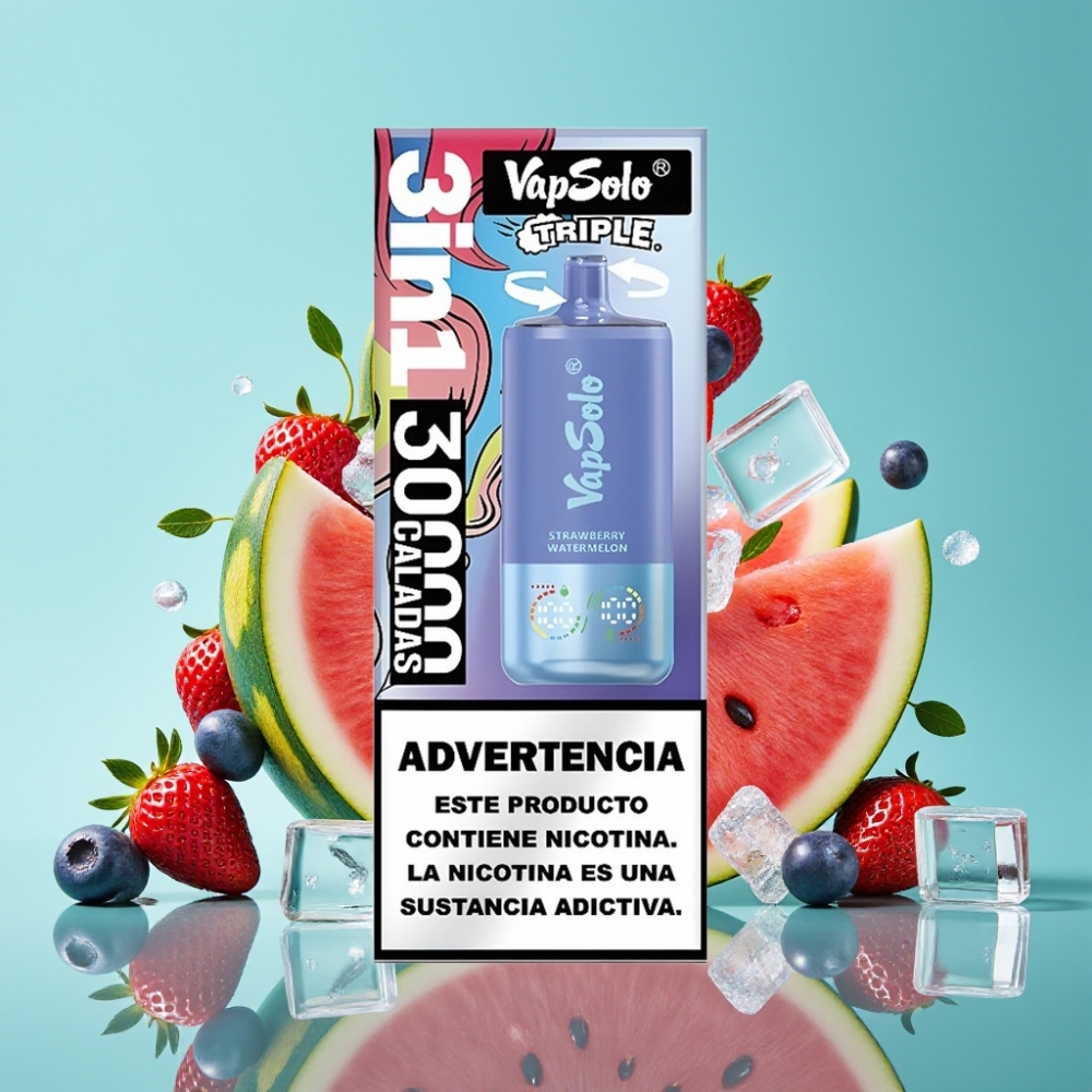 VapSolo Triple 30000 Puffs 40ml Aardbei Watermeloen  Blauwe Bes IJs Type-C
