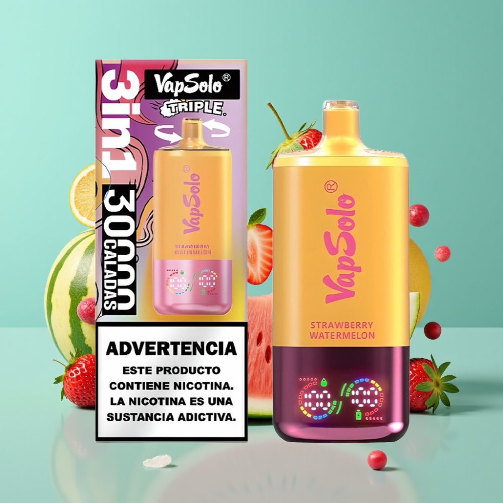 VapSolo Triple 30000 Puffs 40ml Aardbei Watermeloen  Citroen Perzik Type-C
