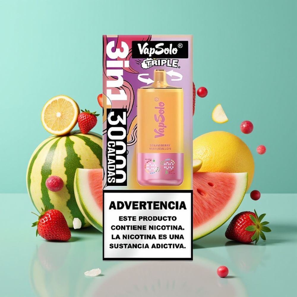 VapSolo Triple 30000 Puffs 40ml Aardbei Watermeloen  Citroen Perzik Type-C